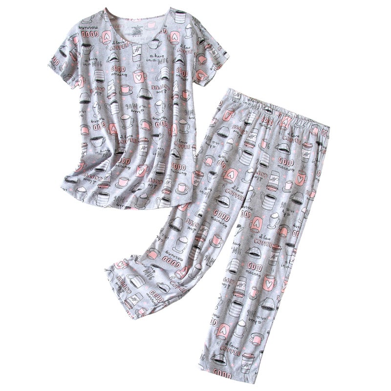 PNAEONG Womenâ€™s Pajama Set - Cotton-Blend Short-Sleeve Loose Top with Matching Capri Bottoms SY215-Coffee-XL X-Large - Image 1
